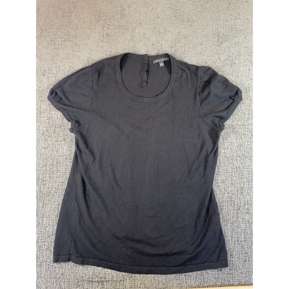 Banana Republic Womens XL Black Puff Sleeve Knit Top‎ Button Back Crew Neck